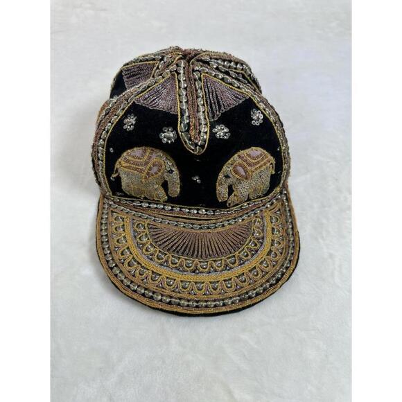 VTG Elephant Beaded Velvet Cap Ethnic Boho Festival Burmese Myanmar main image 4